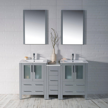 Blossom Sydney 60" Metal Gray Freestanding Vanity Set With Integrated Double Sink Ceramic Top and Side Cabinet