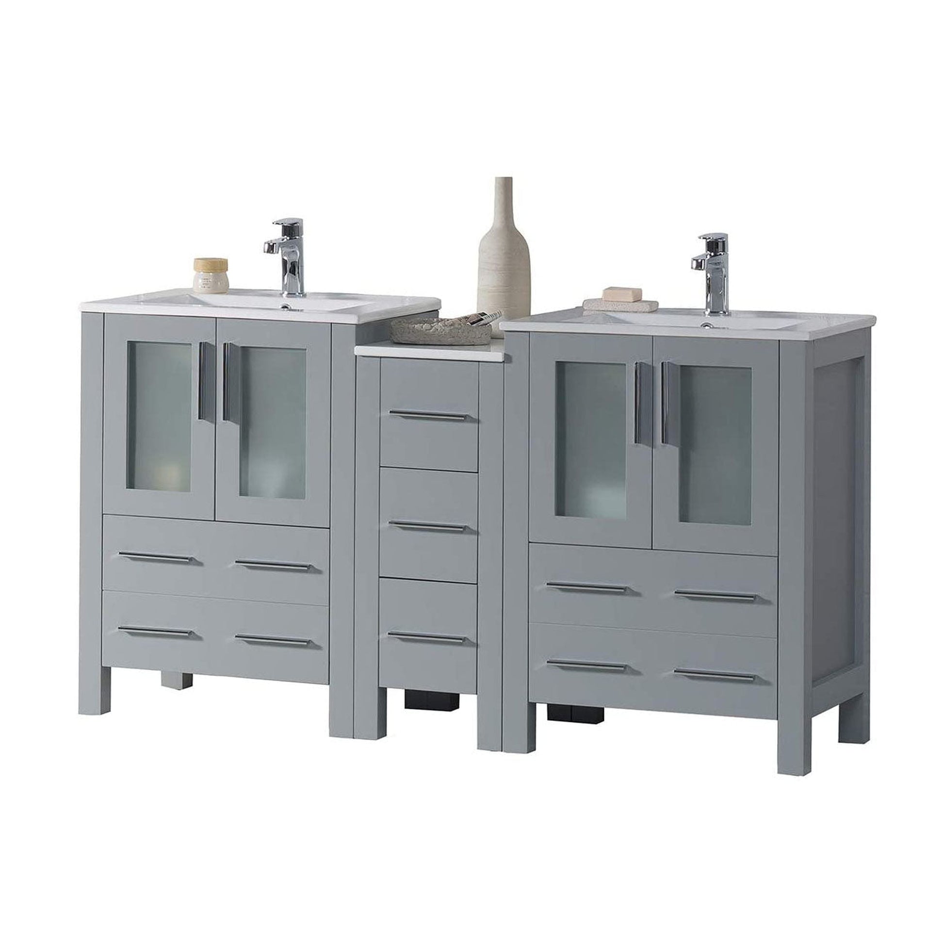 Blossom Sydney 60" Metal Gray Freestanding Vanity Set With Integrated Double Sink Ceramic Top and Side Cabinet