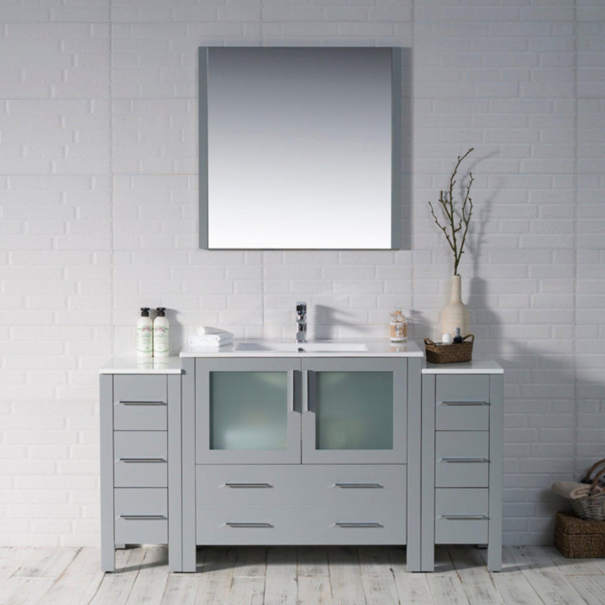 Blossom Sydney 60" Metal Gray Freestanding Vanity Set With Integrated Double Sink Ceramic Top and Two Side Cabinet