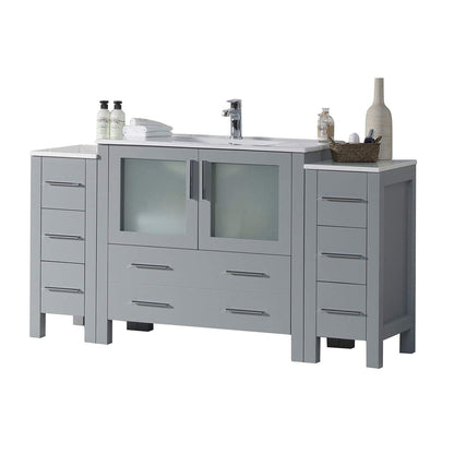 Blossom Sydney 60" Metal Gray Freestanding Vanity Set With Integrated Double Sink Ceramic Top and Two Side Cabinet