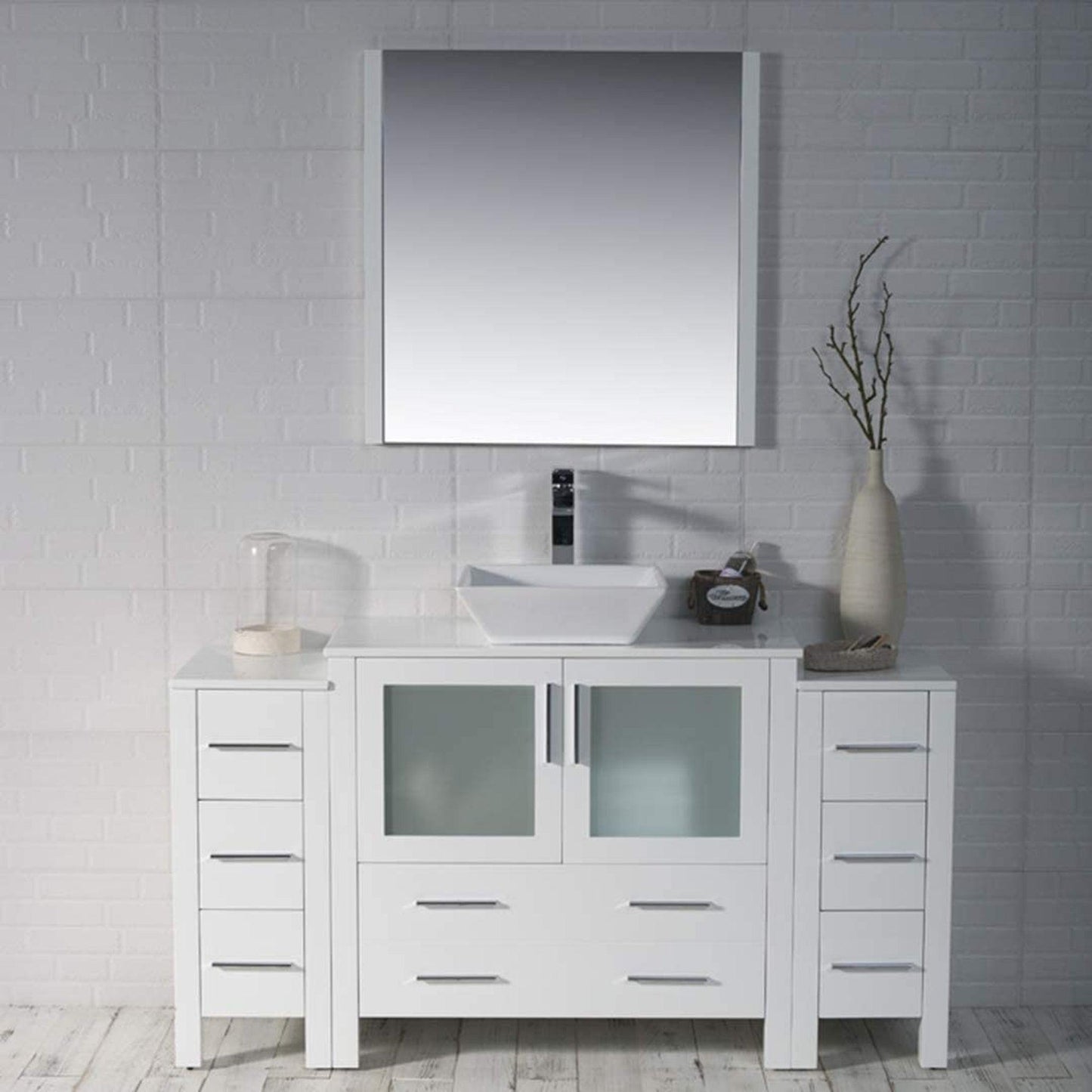 Blossom Sydney 60" White Freestanding Vanity Set With Ceramic Vessel Single Sink, Mirror and Side Cabinet