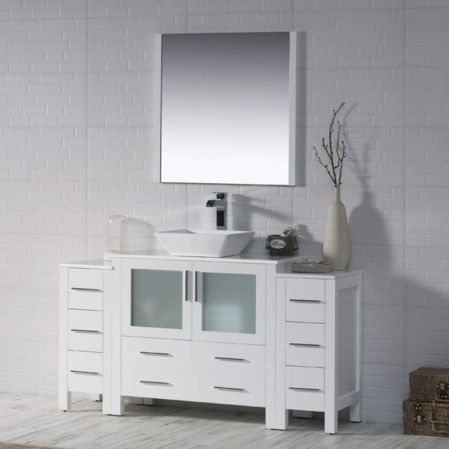 Blossom Sydney 60" White Freestanding Vanity Set With Ceramic Vessel Single Sink, Mirror and Side Cabinet