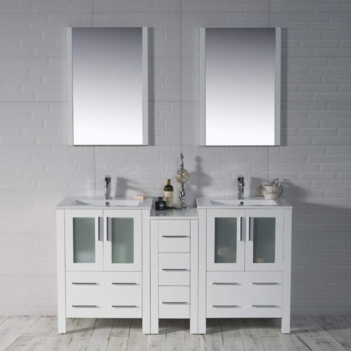 Blossom Sydney 60" White Freestanding Vanity Set With Integrated Double Sink Ceramic Top, Mirror and Side Cabinet