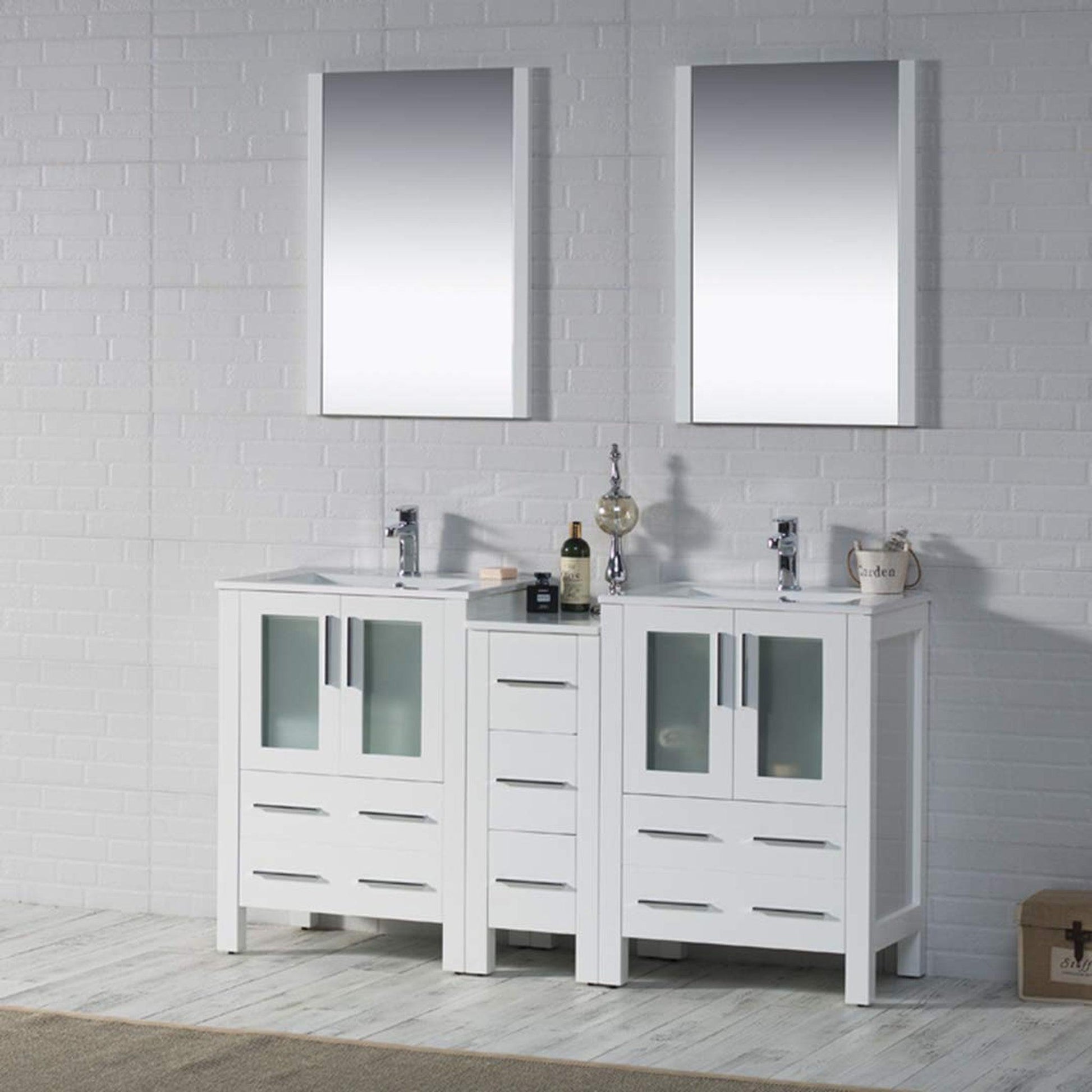 Blossom Sydney 60" White Freestanding Vanity Set With Integrated Double Sink Ceramic Top, Mirror and Side Cabinet