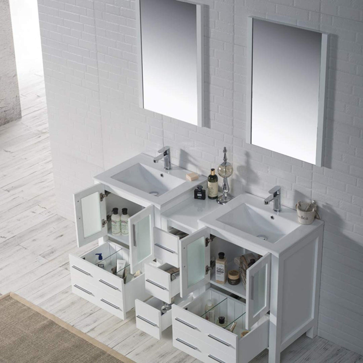 Blossom Sydney 60" White Freestanding Vanity Set With Integrated Double Sink Ceramic Top, Mirror and Side Cabinet