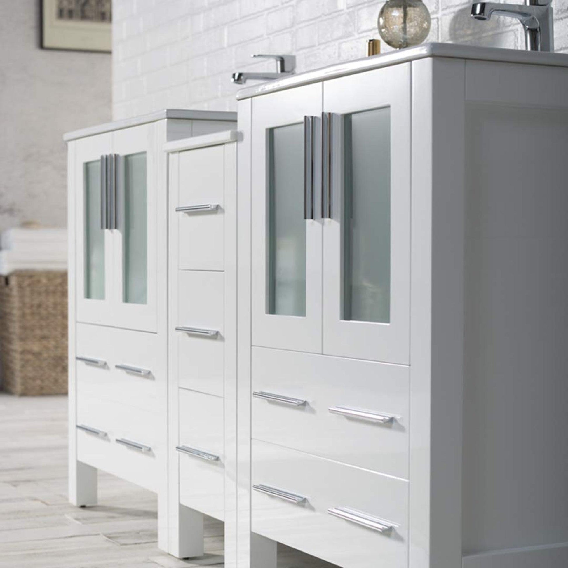 Blossom Sydney 60" White Freestanding Vanity Set With Integrated Double Sink Ceramic Top, Mirror and Side Cabinet