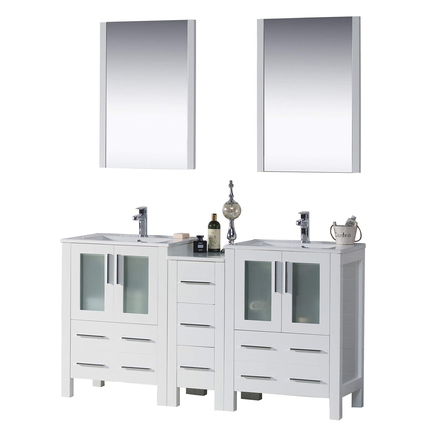 Blossom Sydney 60" White Freestanding Vanity Set With Integrated Double Sink Ceramic Top, Mirror and Side Cabinet