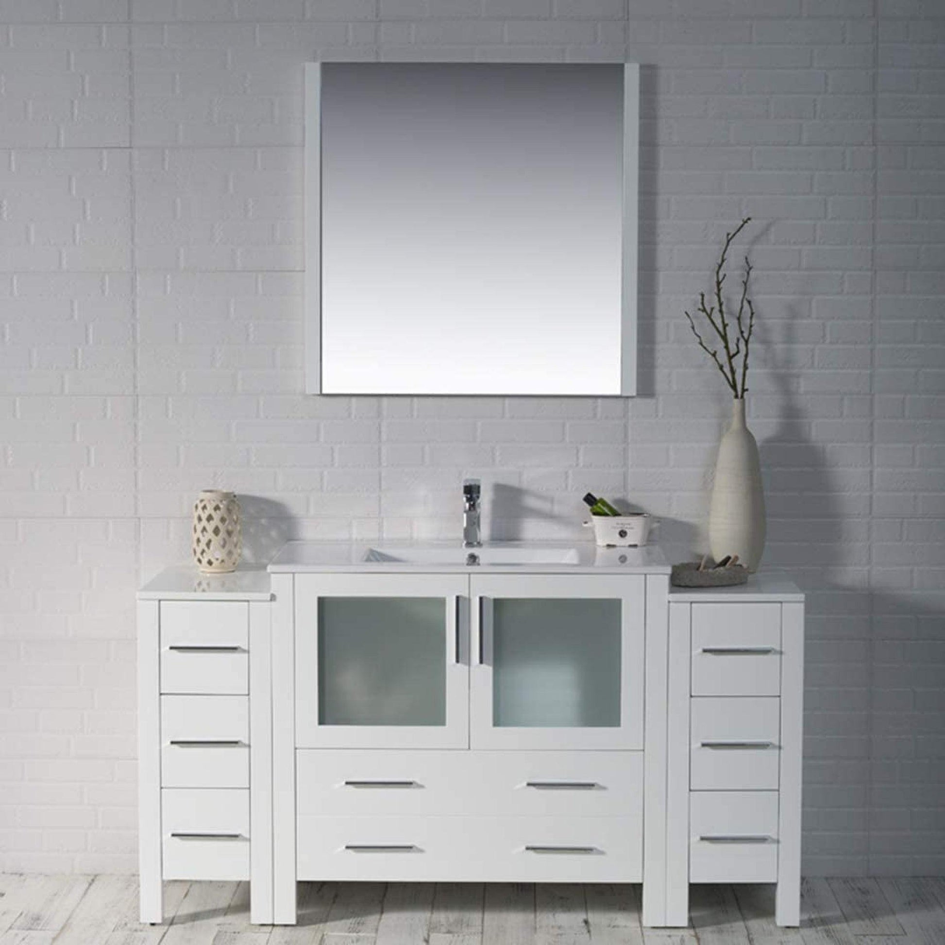 Blossom Sydney 60" White Freestanding Vanity Set With Integrated Double Sink Ceramic Top, Mirror and Two Side Cabinet