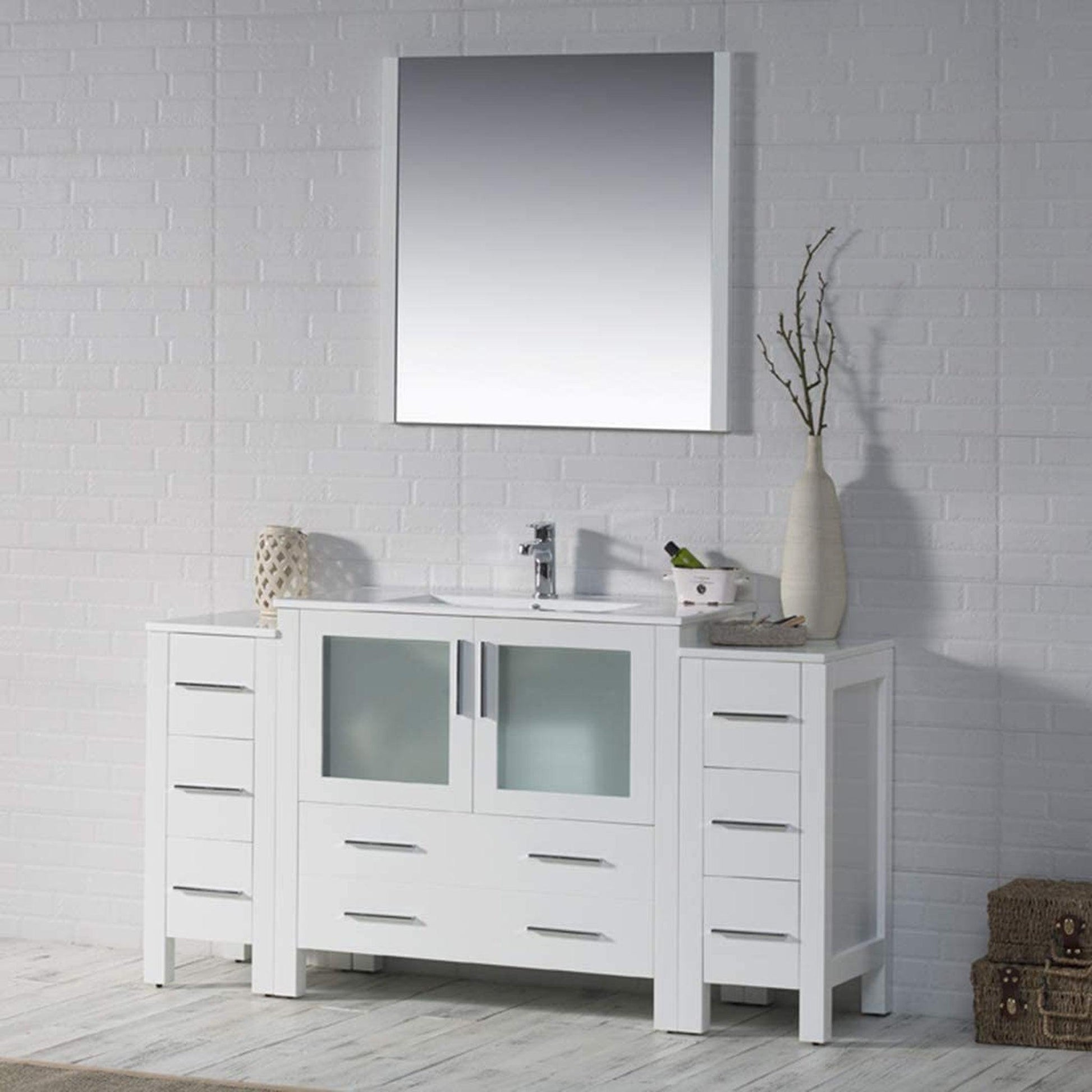 Blossom Sydney 60" White Freestanding Vanity Set With Integrated Double Sink Ceramic Top, Mirror and Two Side Cabinet