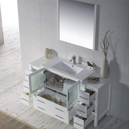 Blossom Sydney 60" White Freestanding Vanity Set With Integrated Double Sink Ceramic Top, Mirror and Two Side Cabinet