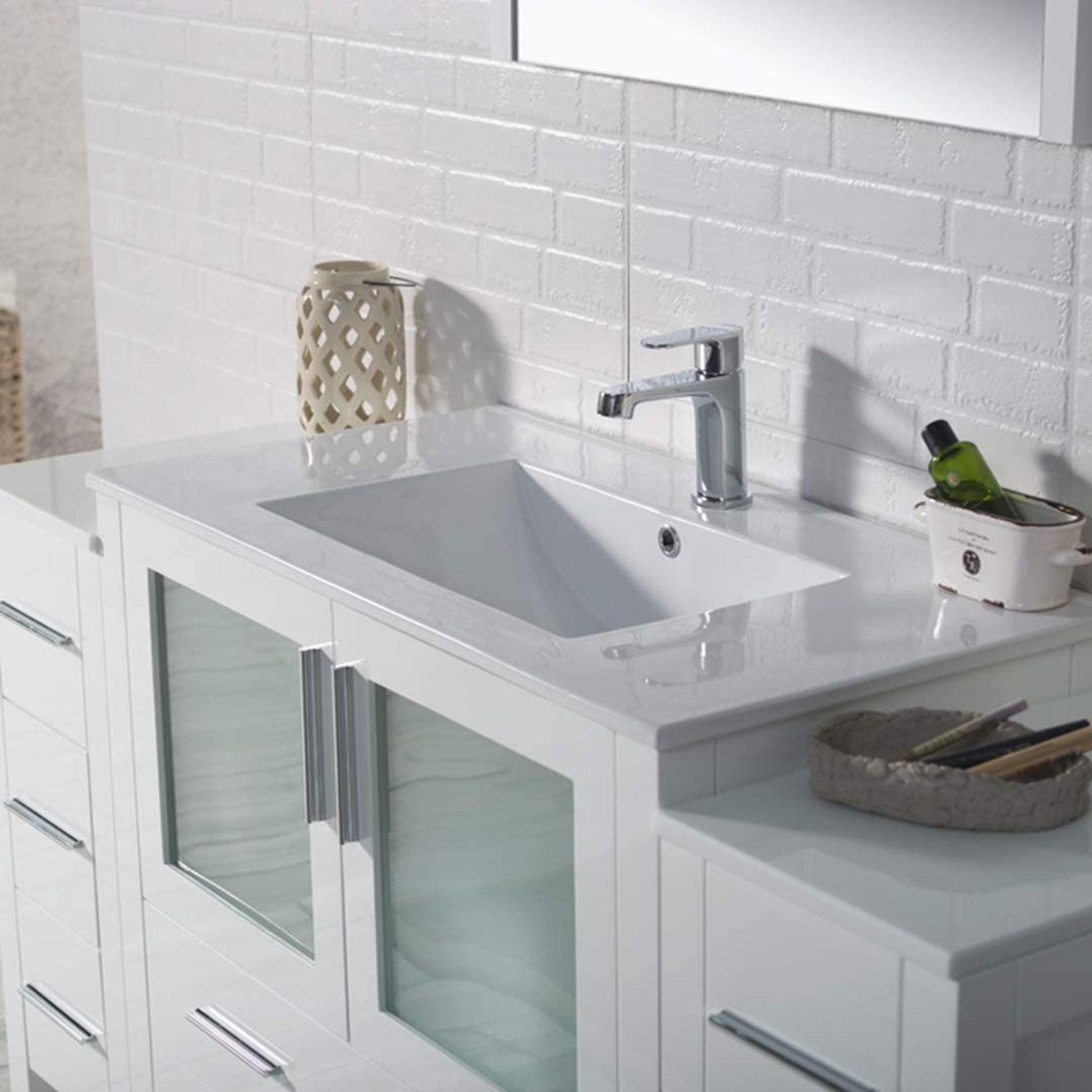 Blossom Sydney 60" White Freestanding Vanity Set With Integrated Double Sink Ceramic Top, Mirror and Two Side Cabinet