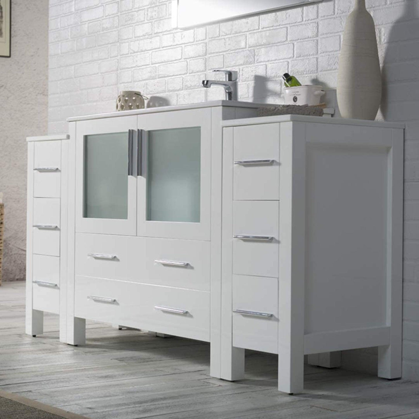 Blossom Sydney 60" White Freestanding Vanity Set With Integrated Double Sink Ceramic Top, Mirror and Two Side Cabinet