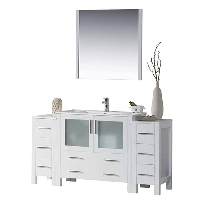 Blossom Sydney 60" White Freestanding Vanity Set With Integrated Double Sink Ceramic Top, Mirror and Two Side Cabinet
