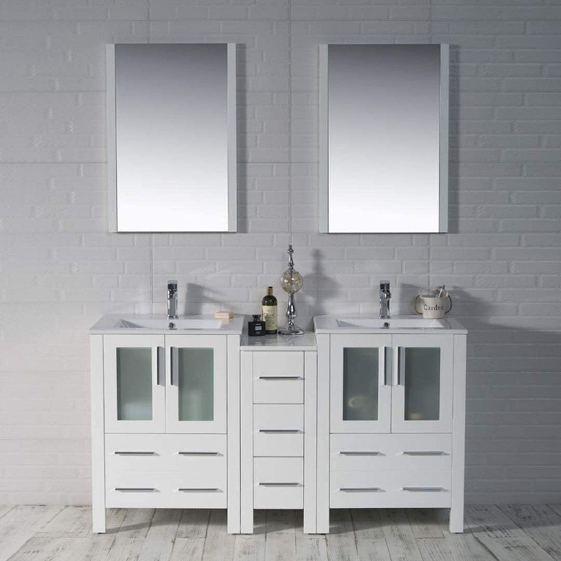 Blossom Sydney 60" White Freestanding Vanity Set With Integrated Double Sink Ceramic Top and Side Cabinet