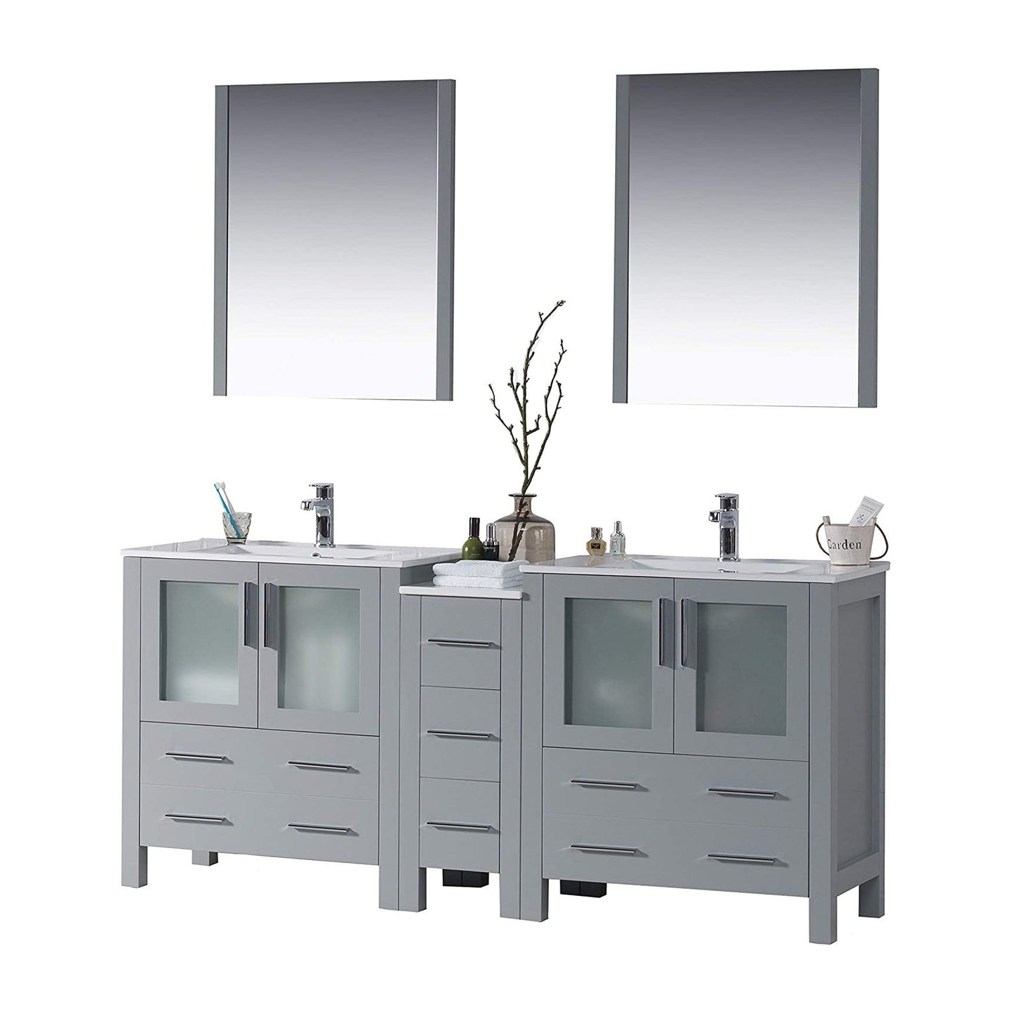 Blossom Sydney 72 Metal Gray Freestanding Vanity Set With Ceramic Top, Integrated Single Sink and Mirror