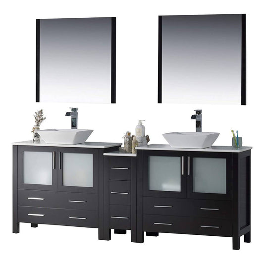 Blossom Sydney 84" Espresso Freestanding Vanity Set With Ceramic Double Vessel Sinks and Mirror