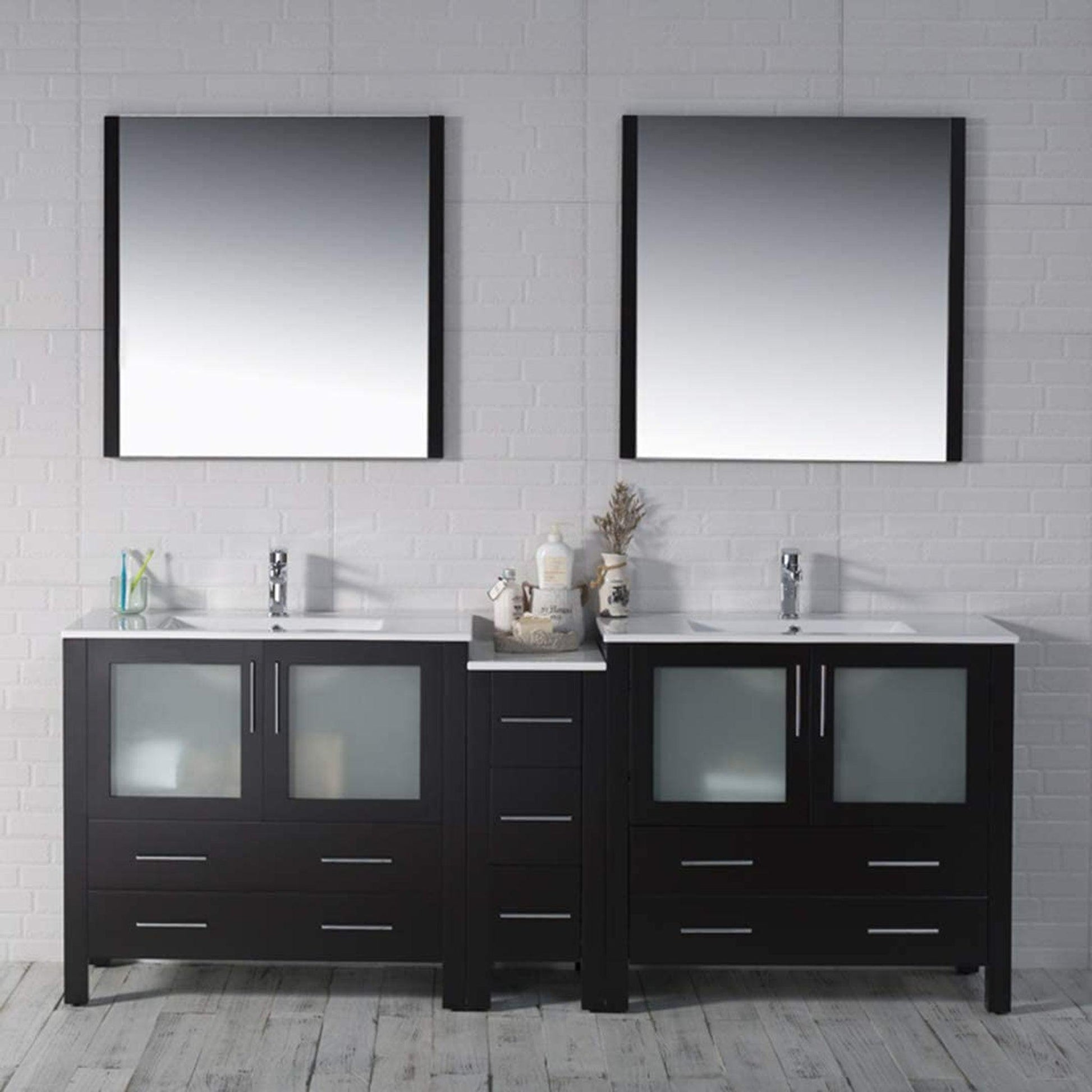 Blossom Sydney 84" Espresso Freestanding Vanity Set With Ceramic Top, Integrated Double Sinks and Mirror