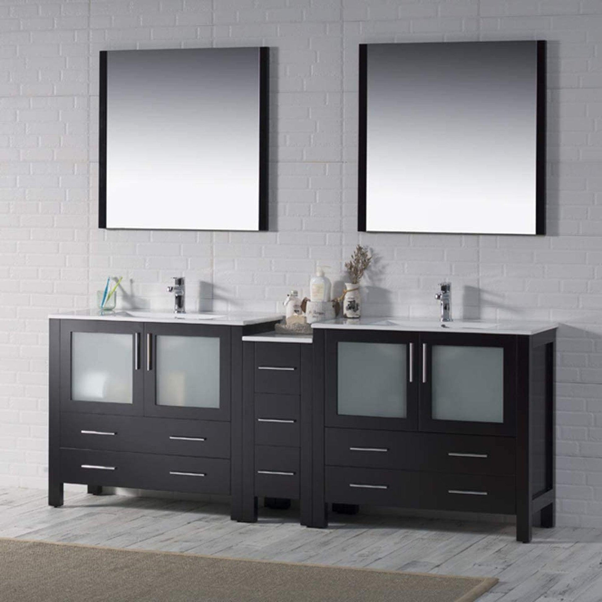 Blossom Sydney 84" Espresso Freestanding Vanity Set With Ceramic Top, Integrated Double Sinks and Mirror