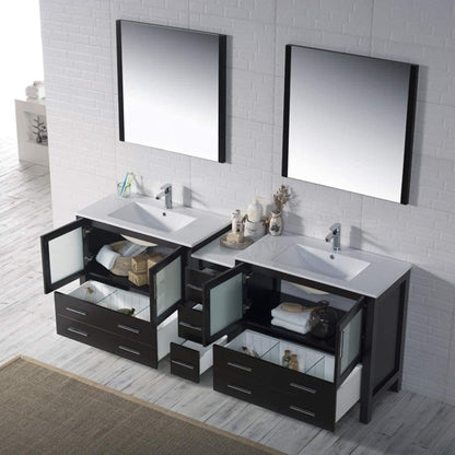 Blossom Sydney 84" Espresso Freestanding Vanity Set With Ceramic Top, Integrated Double Sinks and Mirror