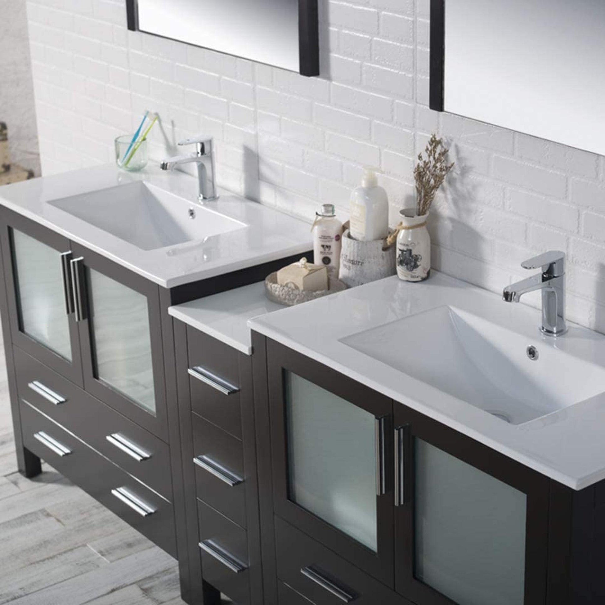 Blossom Sydney 84" Espresso Freestanding Vanity Set With Ceramic Top, Integrated Double Sinks and Mirror