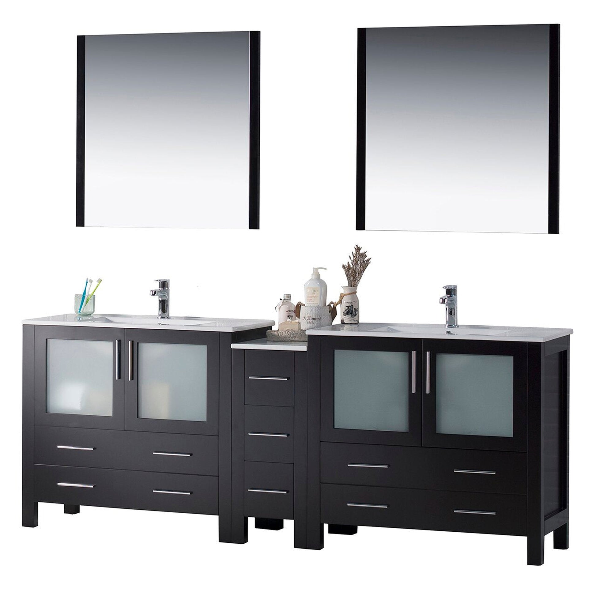 Blossom Sydney 84" Espresso Freestanding Vanity Set With Ceramic Top, Integrated Double Sinks and Mirror