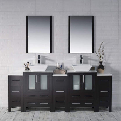 Blossom Sydney 84" Espresso Freestanding Vanity With Ceramic Double Vessel Sinks, Mirror and Three Side Cabinet