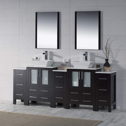 Blossom Sydney 84" Espresso Freestanding Vanity With Ceramic Double Vessel Sinks, Mirror and Three Side Cabinet