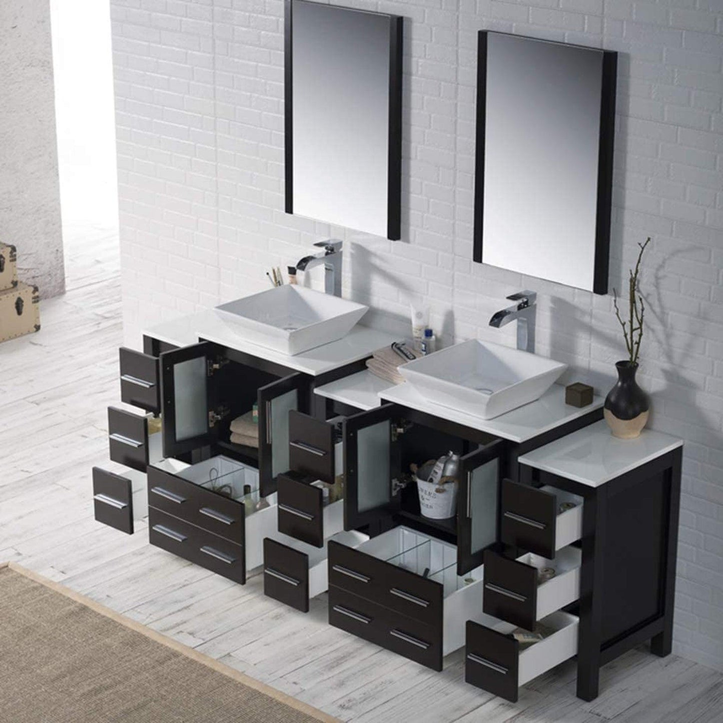 Blossom Sydney 84" Espresso Freestanding Vanity With Ceramic Double Vessel Sinks and Three Side Cabinet