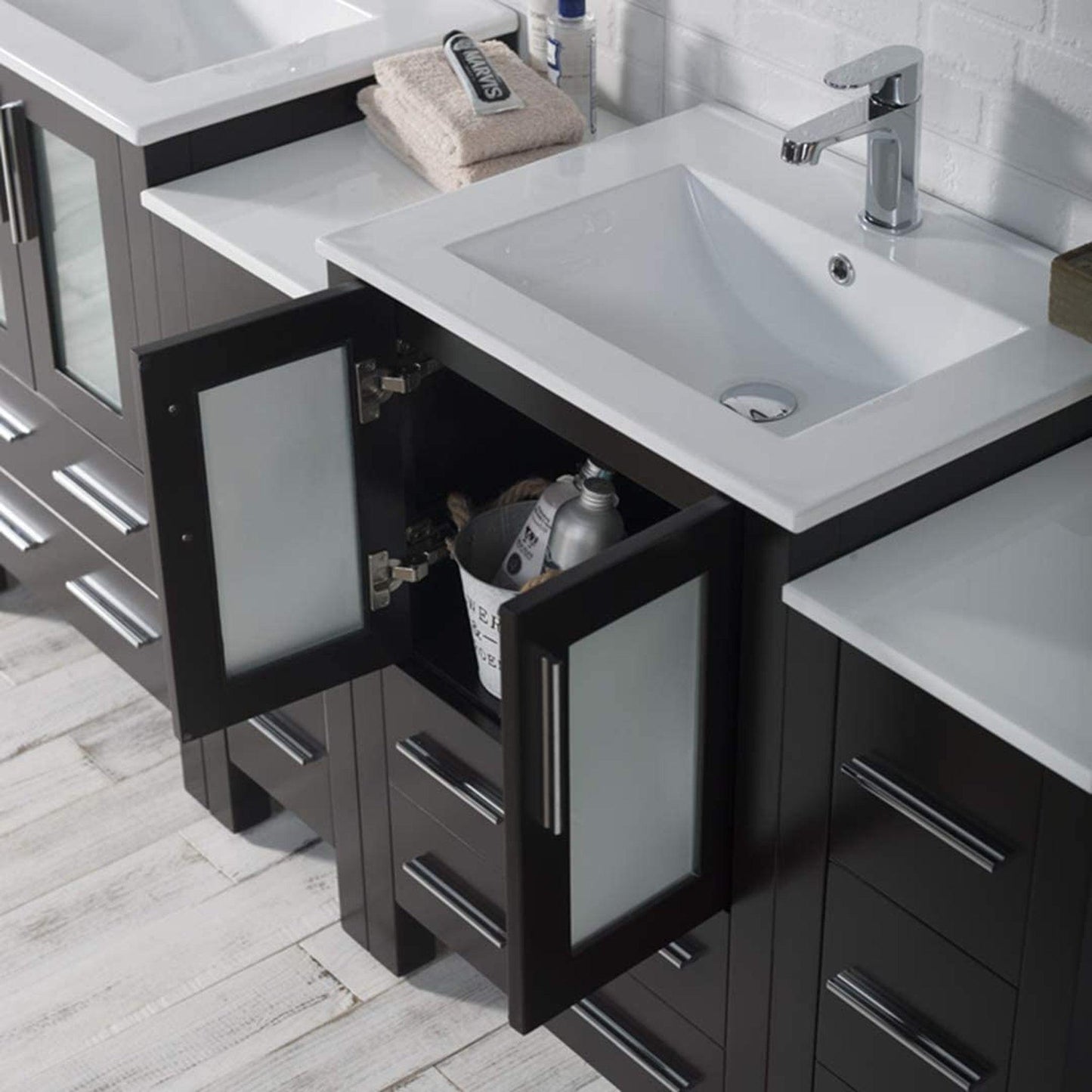 Blossom Sydney 84" Espresso Freestanding Vanity With Ceramic Top, Integrated Double Sinks, Mirror and Three Side Cabinet