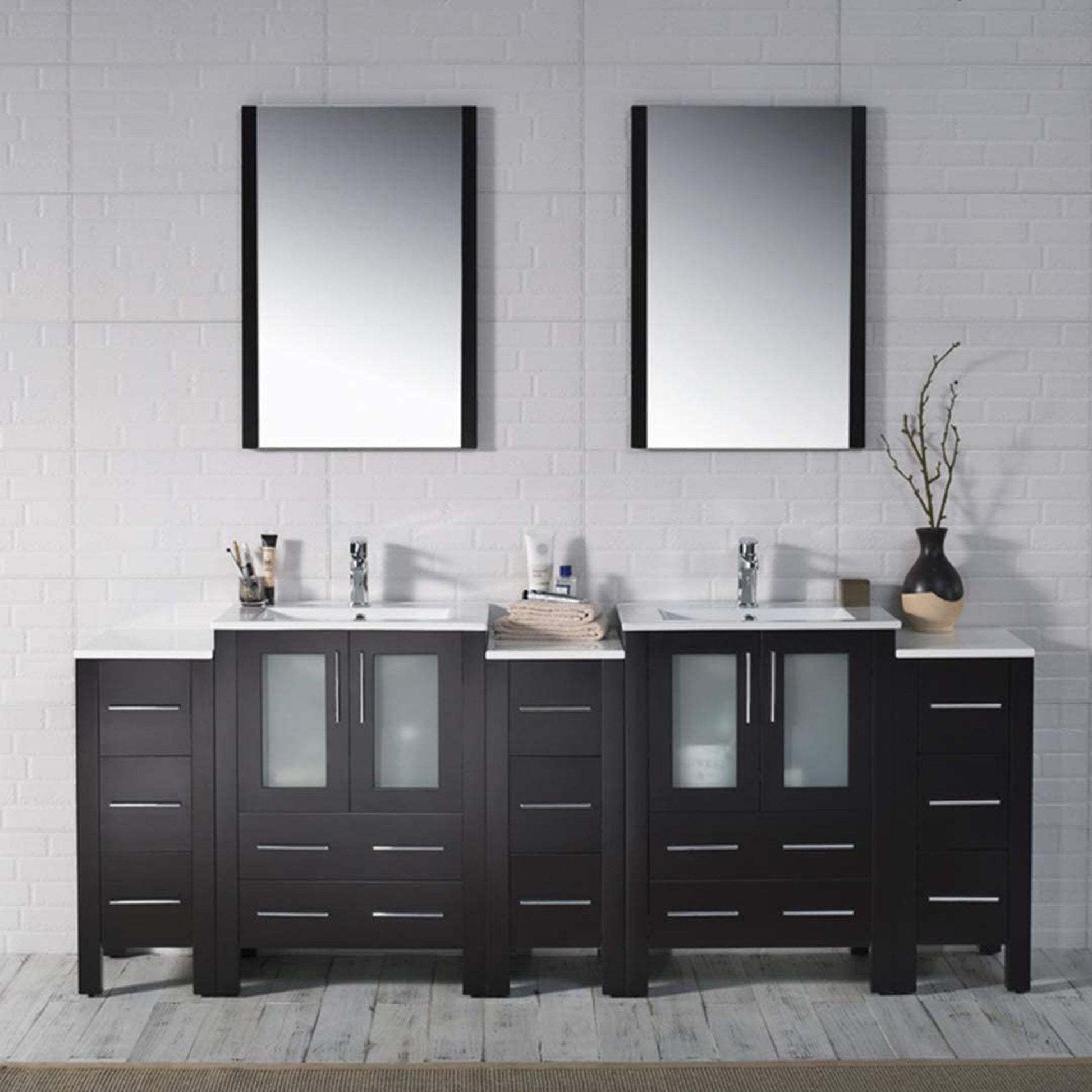 Blossom Sydney 84" Espresso Freestanding Vanity With Integrated Double Sinks Ceramic Top and Three Side Cabinet