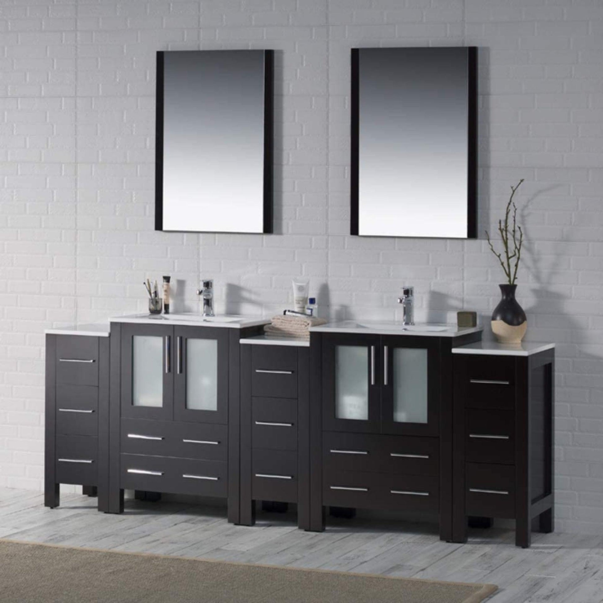 Blossom Sydney 84" Espresso Freestanding Vanity With Integrated Double Sinks Ceramic Top and Three Side Cabinet