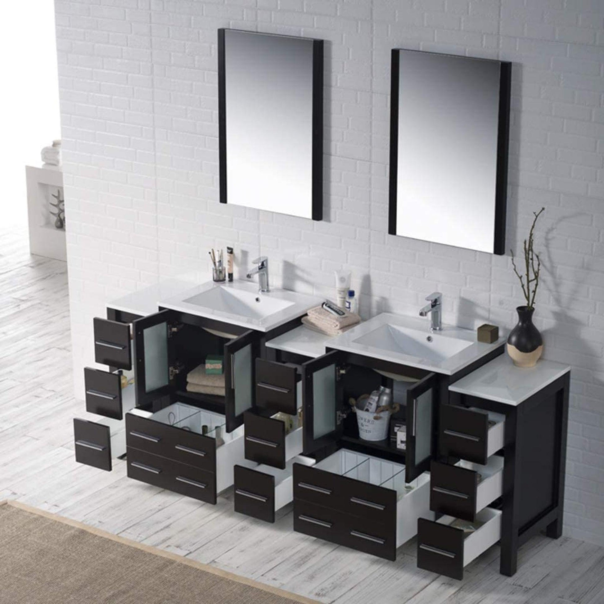 Blossom Sydney 84" Espresso Freestanding Vanity With Integrated Double Sinks Ceramic Top and Three Side Cabinet