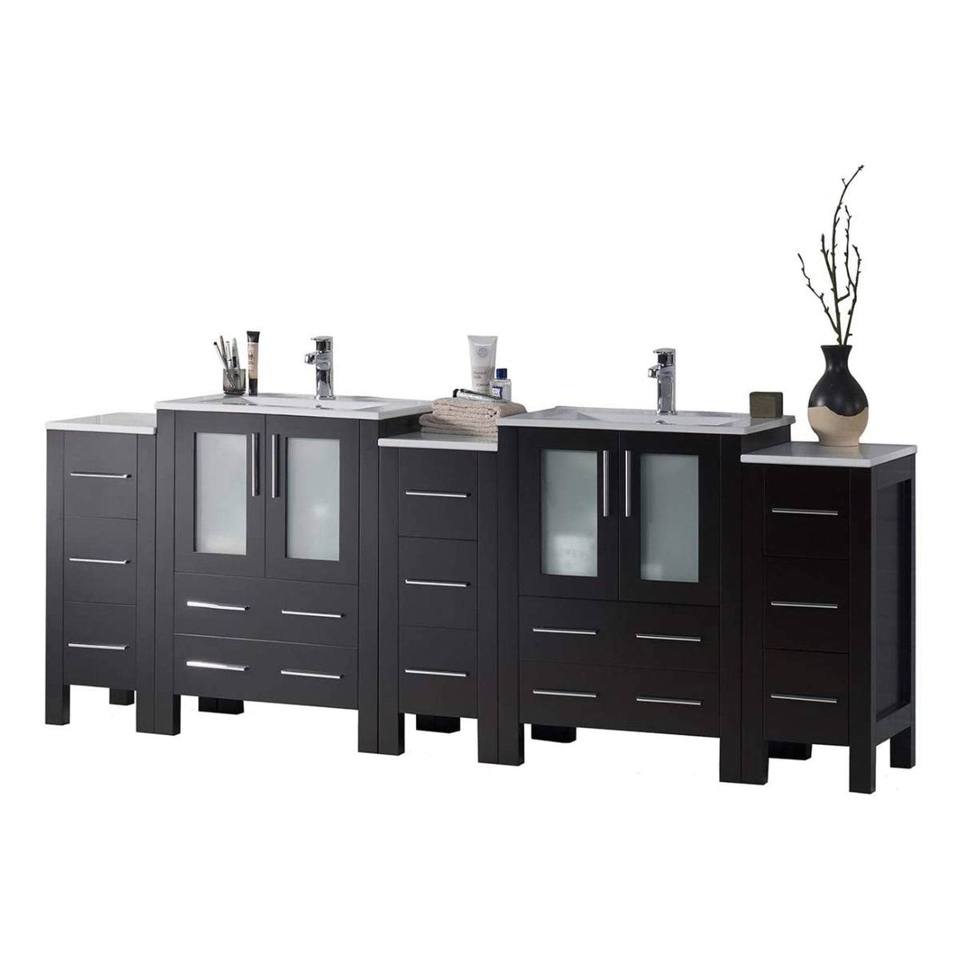 Blossom Sydney 84" Espresso Freestanding Vanity With Integrated Double Sinks Ceramic Top and Three Side Cabinet