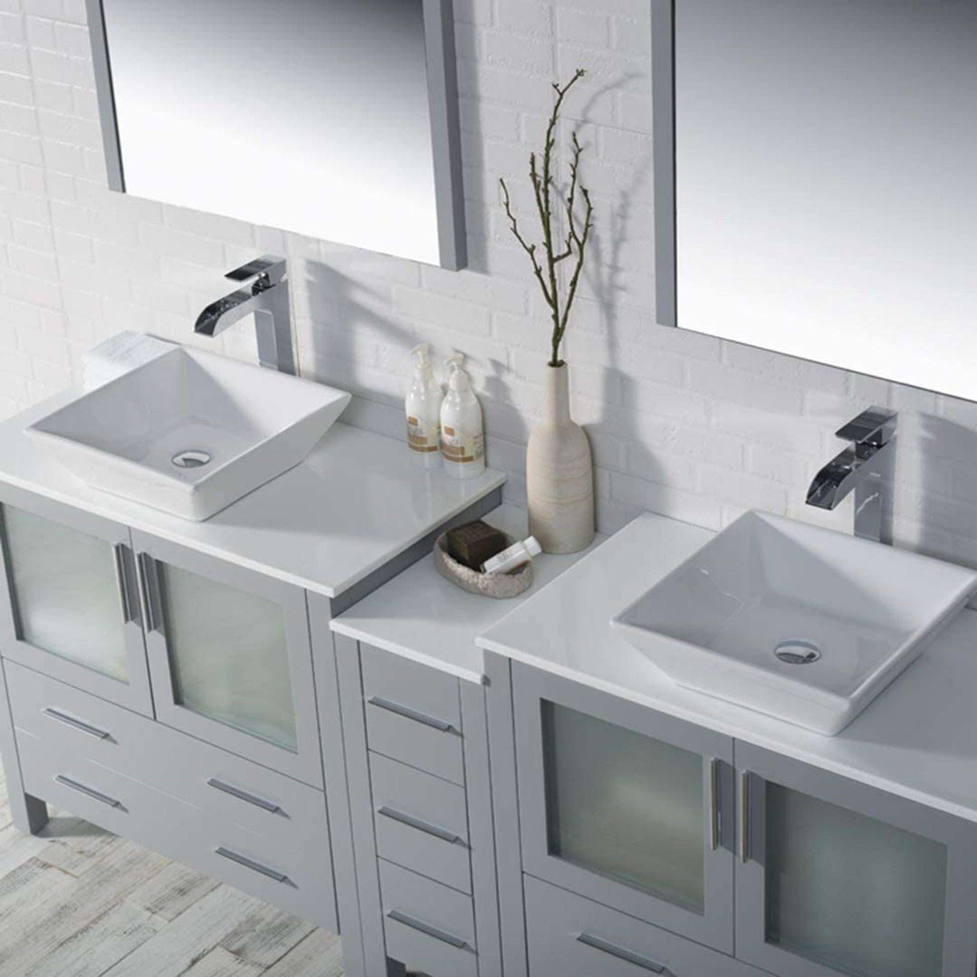 Blossom Sydney 84" Metal Gray Freestanding Vanity Set With Ceramic Double Vessel Sinks and Mirror