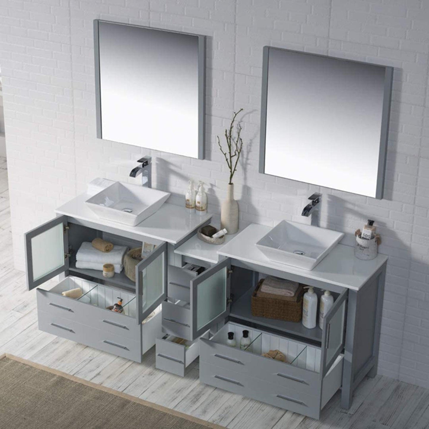 Blossom Sydney 84" Metal Gray Freestanding Vanity Set With Ceramic Double Vessel Sinks and Mirror