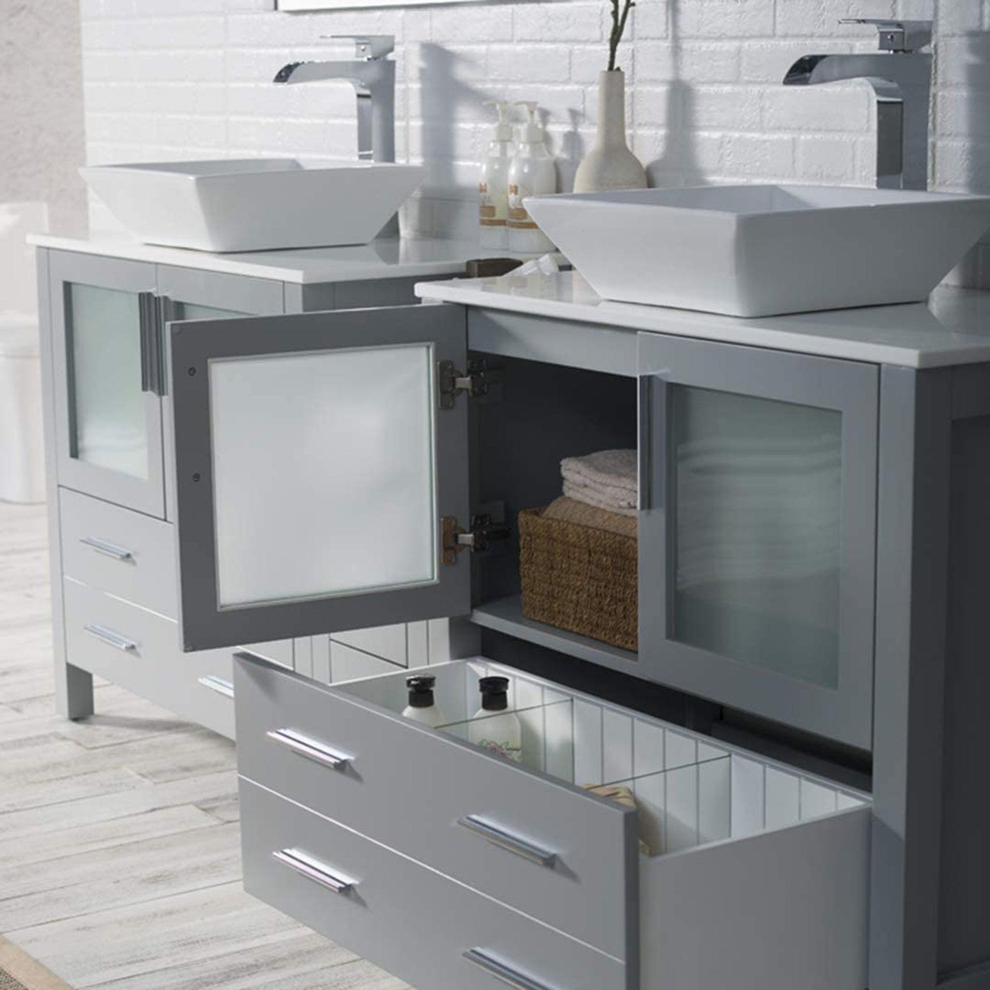 Blossom Sydney 84" Metal Gray Freestanding Vanity Set With Ceramic Double Vessel Sinks and Mirror