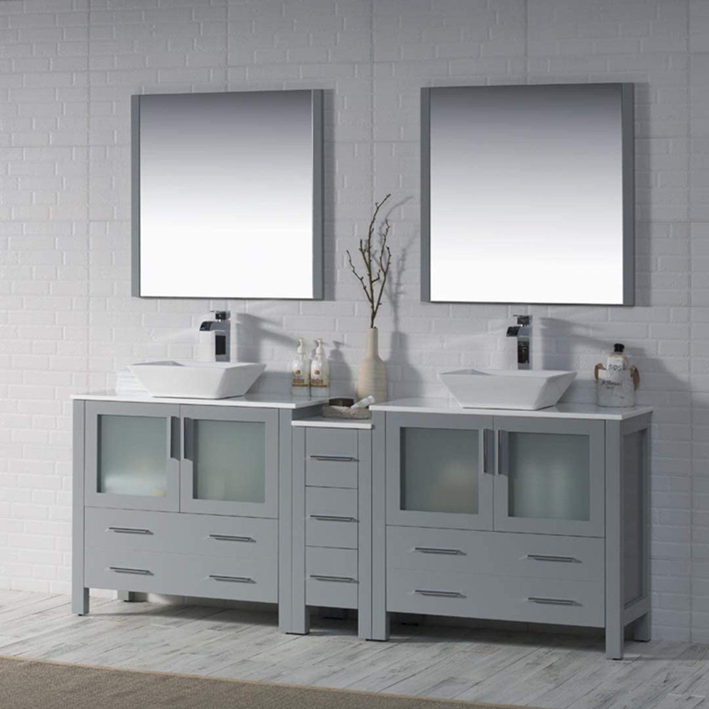 Blossom Sydney 84" Metal Gray Freestanding Vanity Set With Ceramic Double Vessel Sinks and Mirror