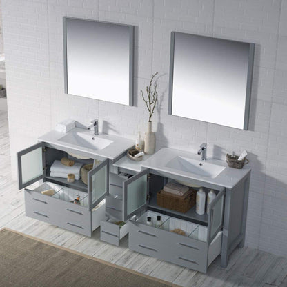 Blossom Sydney 84" Metal Gray Freestanding Vanity Set With Ceramic Top, Integrated Double Sinks and Mirror