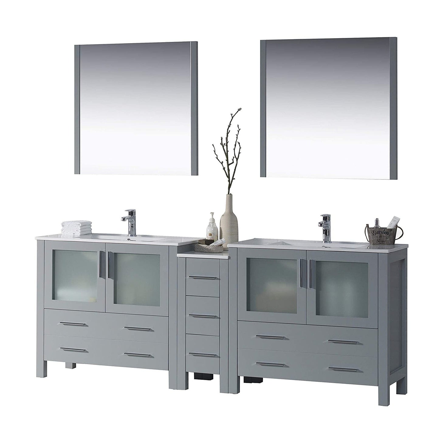 Blossom Sydney 84" Metal Gray Freestanding Vanity Set With Ceramic Top, Integrated Double Sinks and Mirror