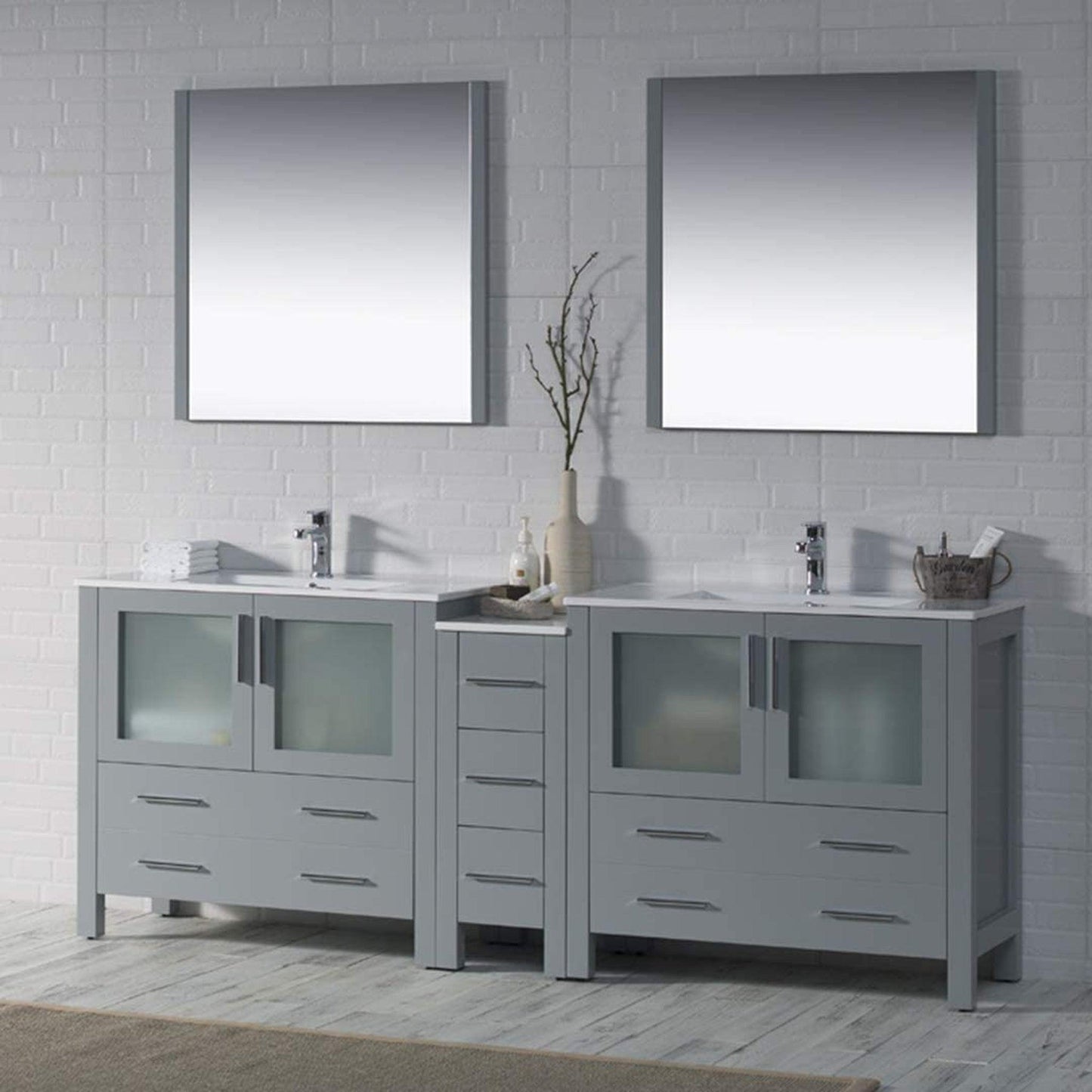 Blossom Sydney 84" Metal Gray Freestanding Vanity Set With Ceramic Top and Integrated Double Sinks