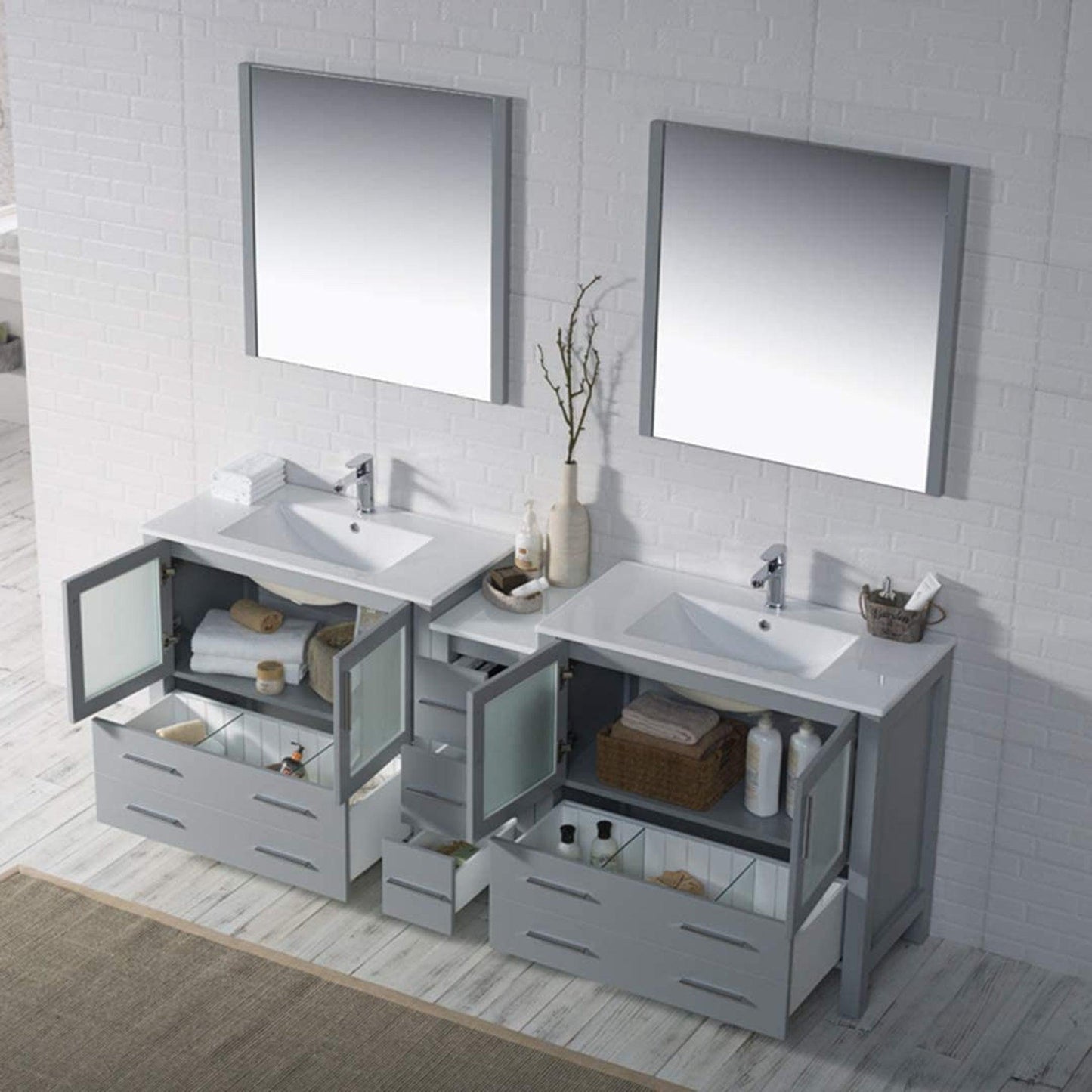 Blossom Sydney 84" Metal Gray Freestanding Vanity Set With Ceramic Top and Integrated Double Sinks