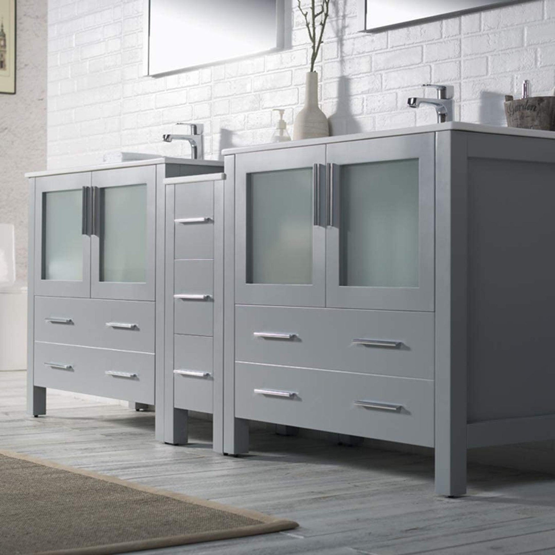 Blossom Sydney 84" Metal Gray Freestanding Vanity Set With Ceramic Top and Integrated Double Sinks