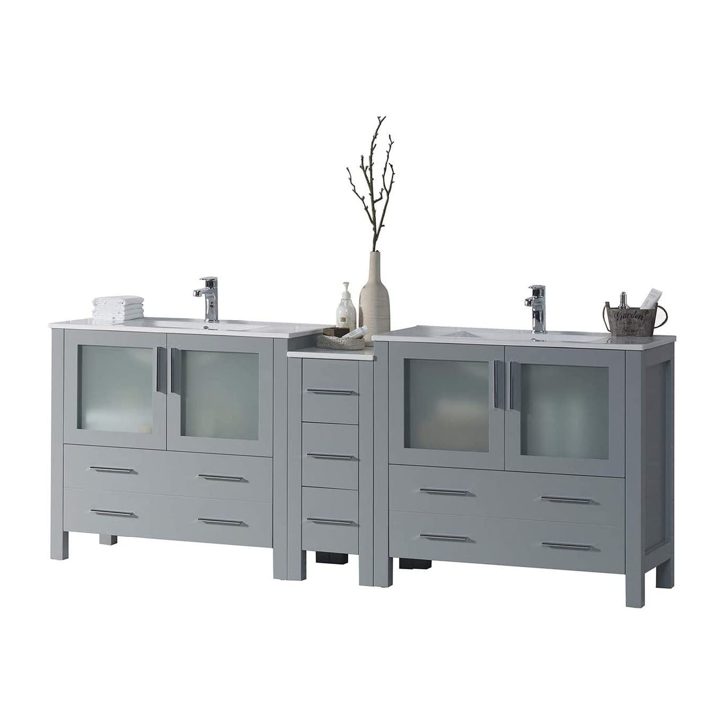 Blossom Sydney 84" Metal Gray Freestanding Vanity Set With Ceramic Top and Integrated Double Sinks