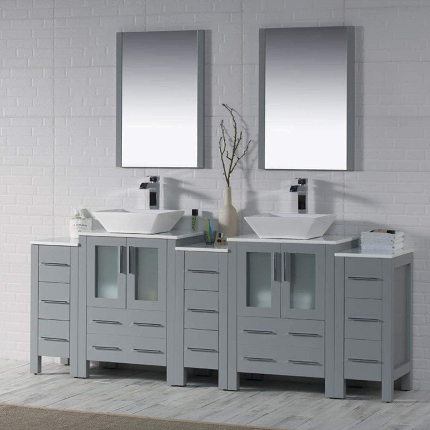 Blossom Sydney 84" Metal Gray Freestanding Vanity With Ceramic Double Vessel Sinks, Mirror and Three Side Cabinet