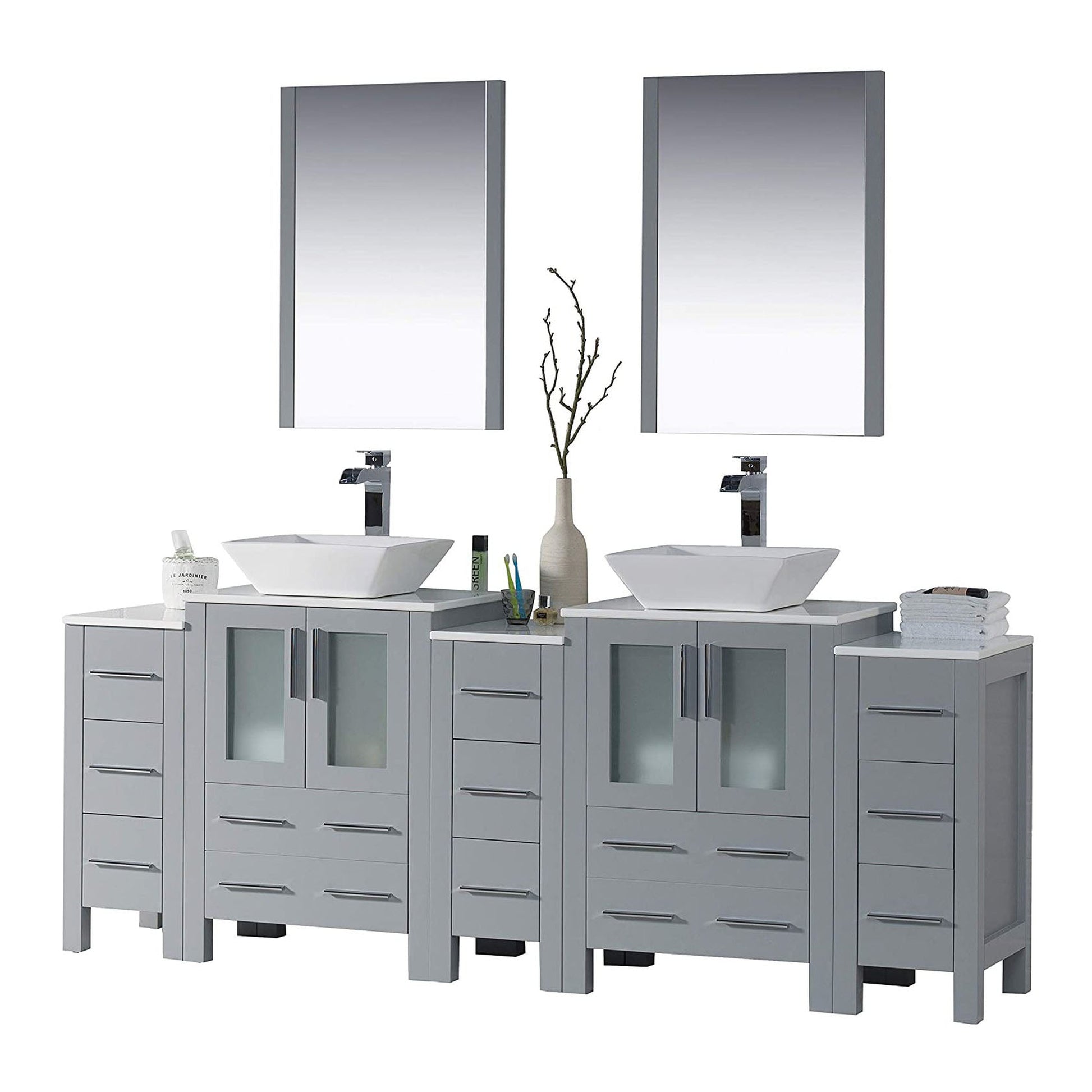 Blossom Sydney 84" Metal Gray Freestanding Vanity With Ceramic Double Vessel Sinks, Mirror and Three Side Cabinet