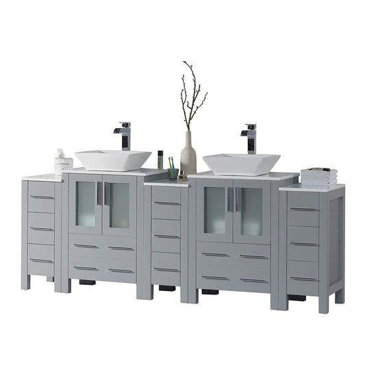 Blossom Sydney 84" Metal Gray Freestanding Vanity With Ceramic Double Vessel Sinks and Three Side Cabinet