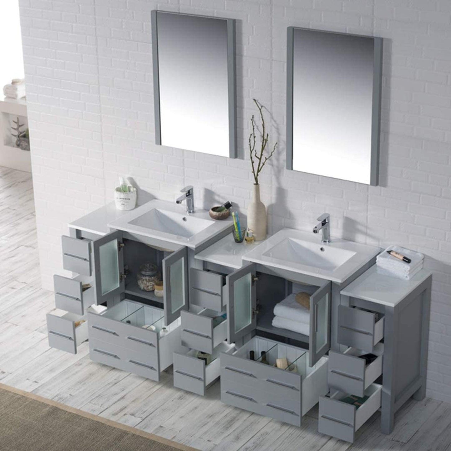 Blossom Sydney 84" Metal Gray Freestanding Vanity With Ceramic Top, Integrated Double Sinks, Mirror and Three Side Cabinet