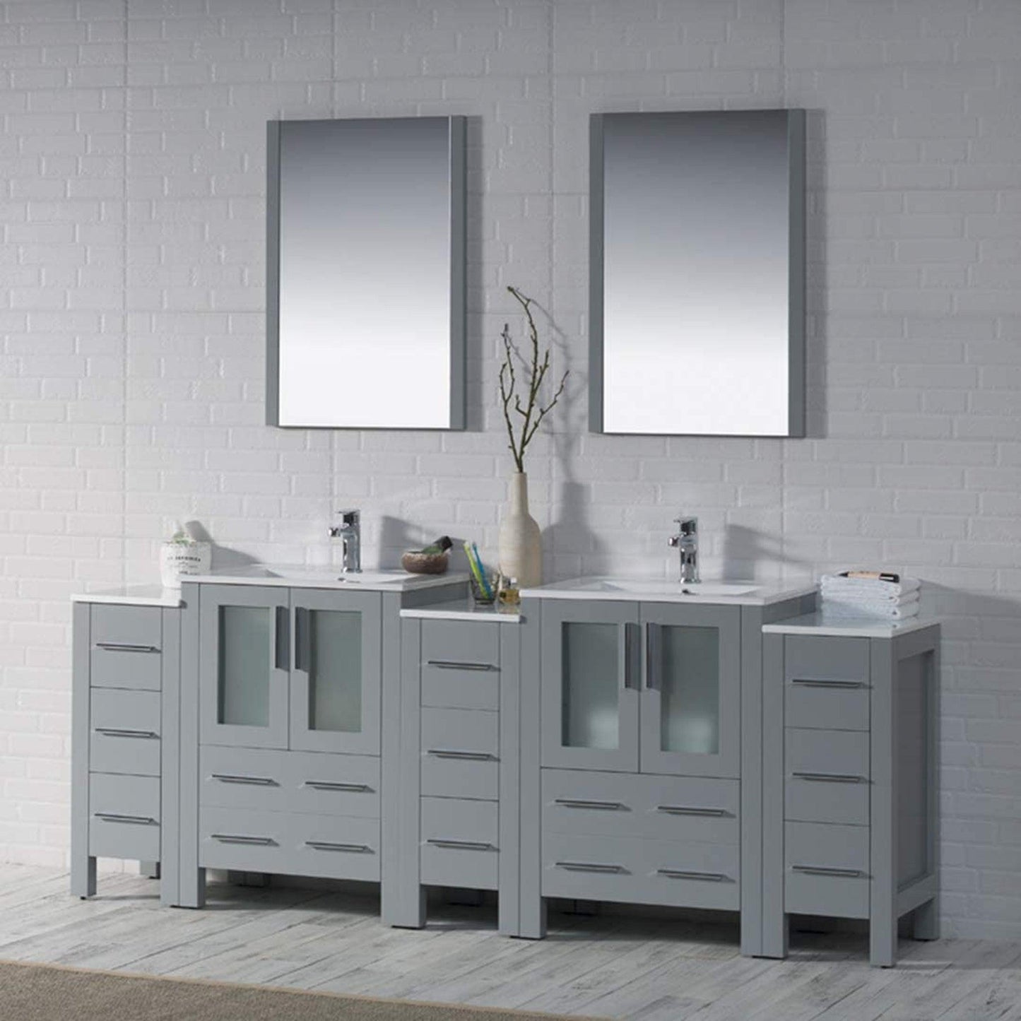 Blossom Sydney 84" Metal Gray Freestanding Vanity With Ceramic Top, Integrated Double Sinks, Mirror and Three Side Cabinet