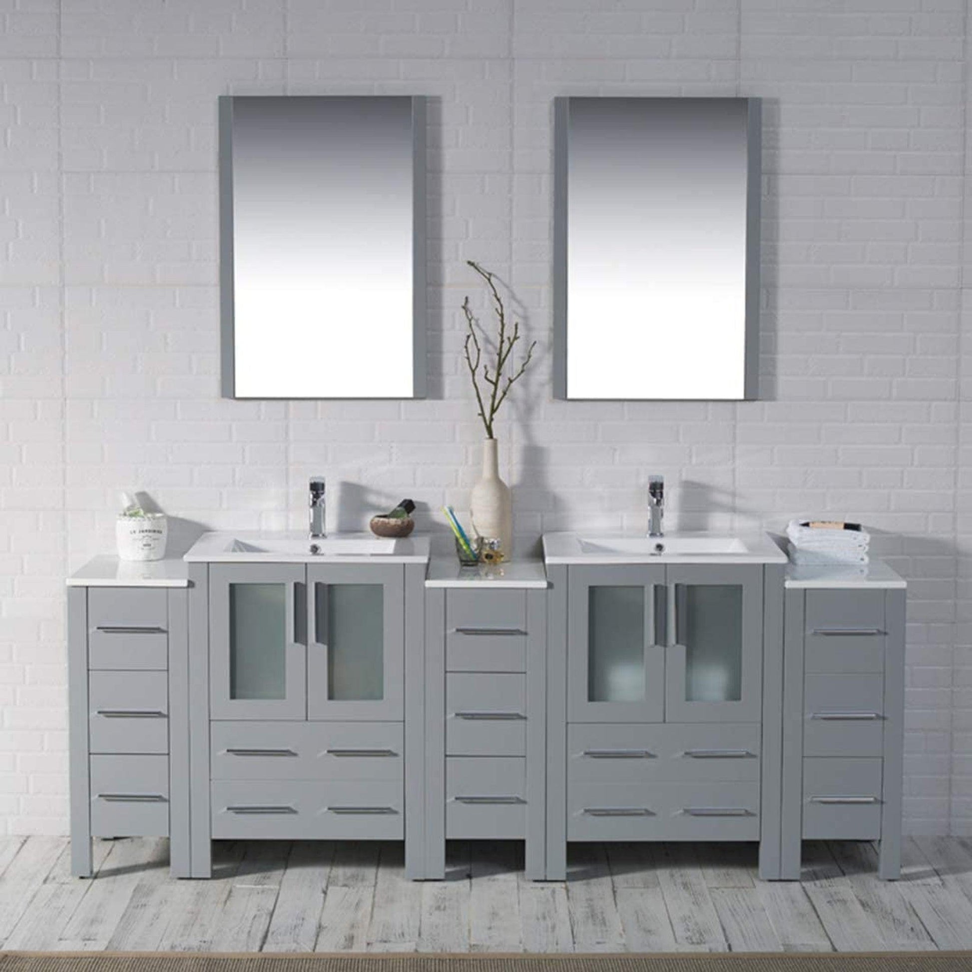 Blossom Sydney 84" Metal Gray Freestanding Vanity With Integrated Double Sinks Ceramic Top and Three Side Cabinet