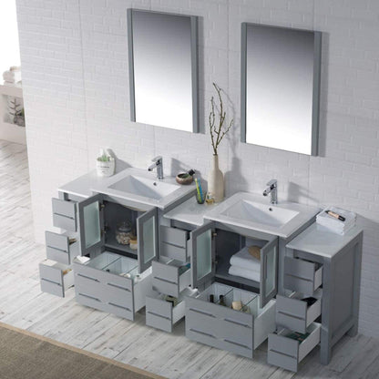Blossom Sydney 84" Metal Gray Freestanding Vanity With Integrated Double Sinks Ceramic Top and Three Side Cabinet